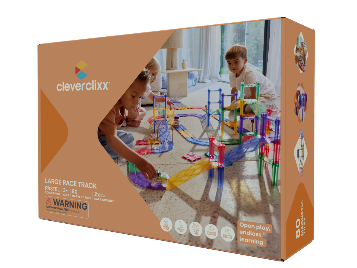 Cleverclixx Stór bílabraut Large Race Track Pastel - 80 hlutar – askja