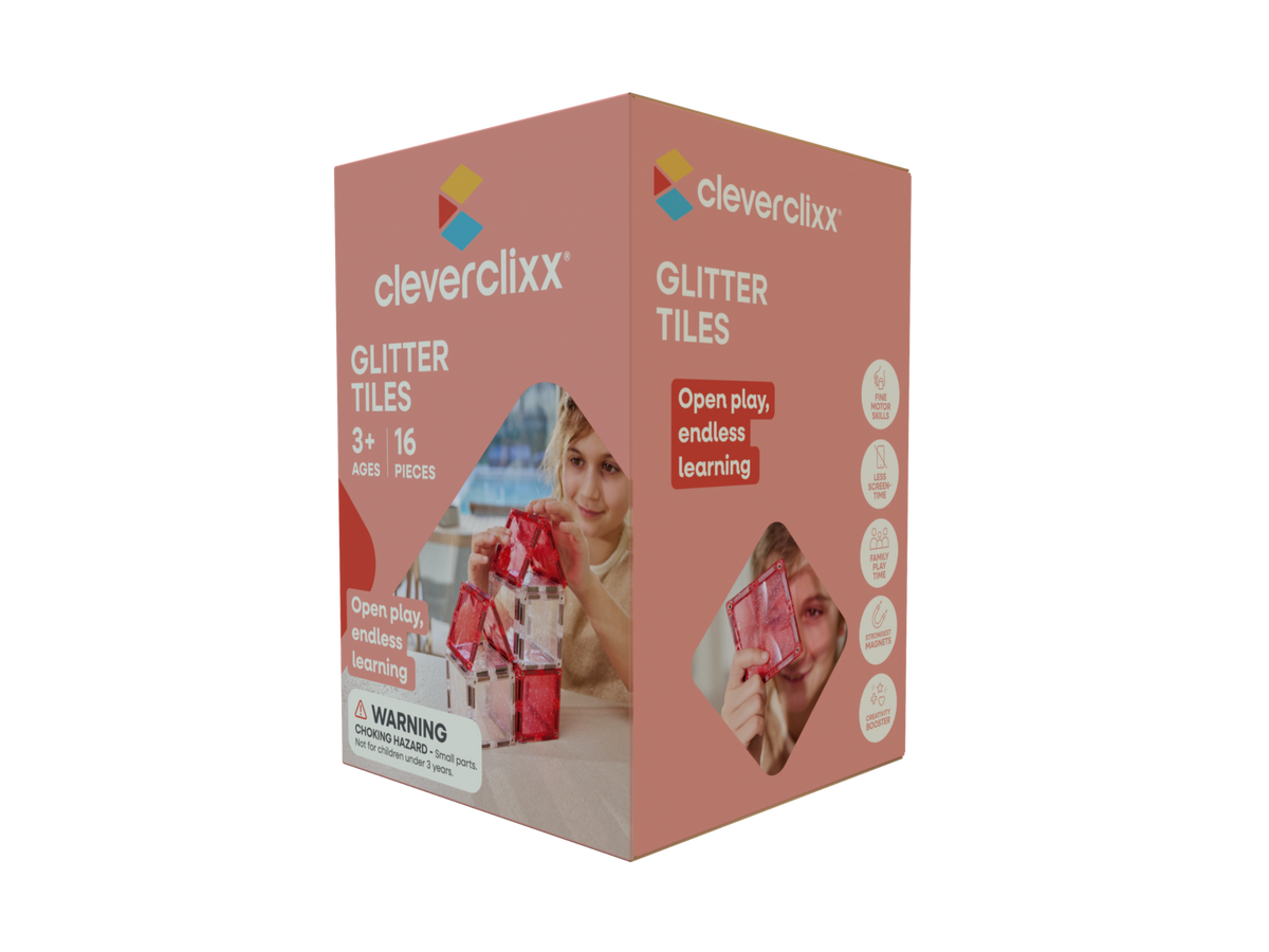 Cleverclixx Glimmerflísar Transparent/Pink - 16 hlutar – askja
